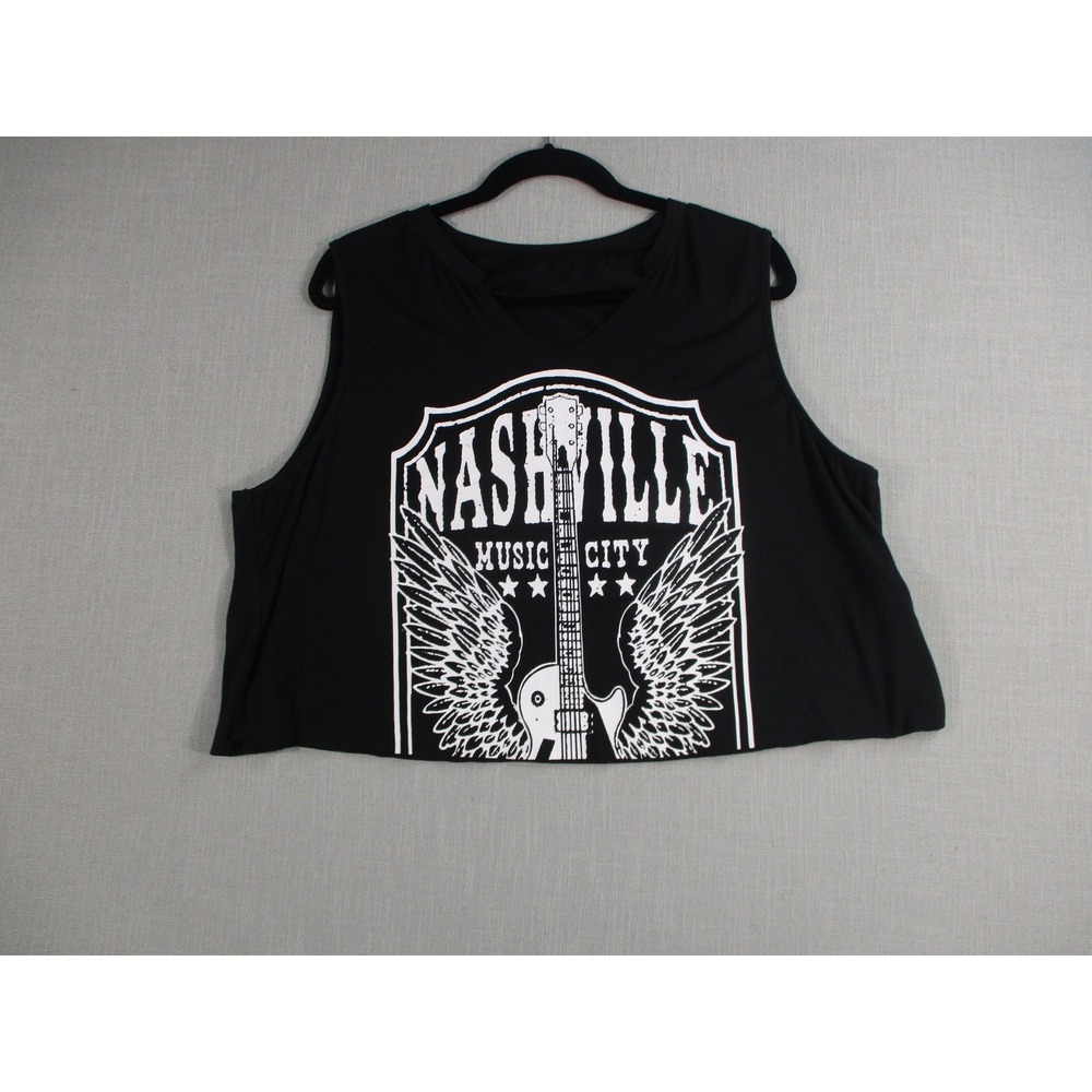 Nashville Music City Graphic Tank‎ Top Black Cropped Sleeveless Guitar Wings L